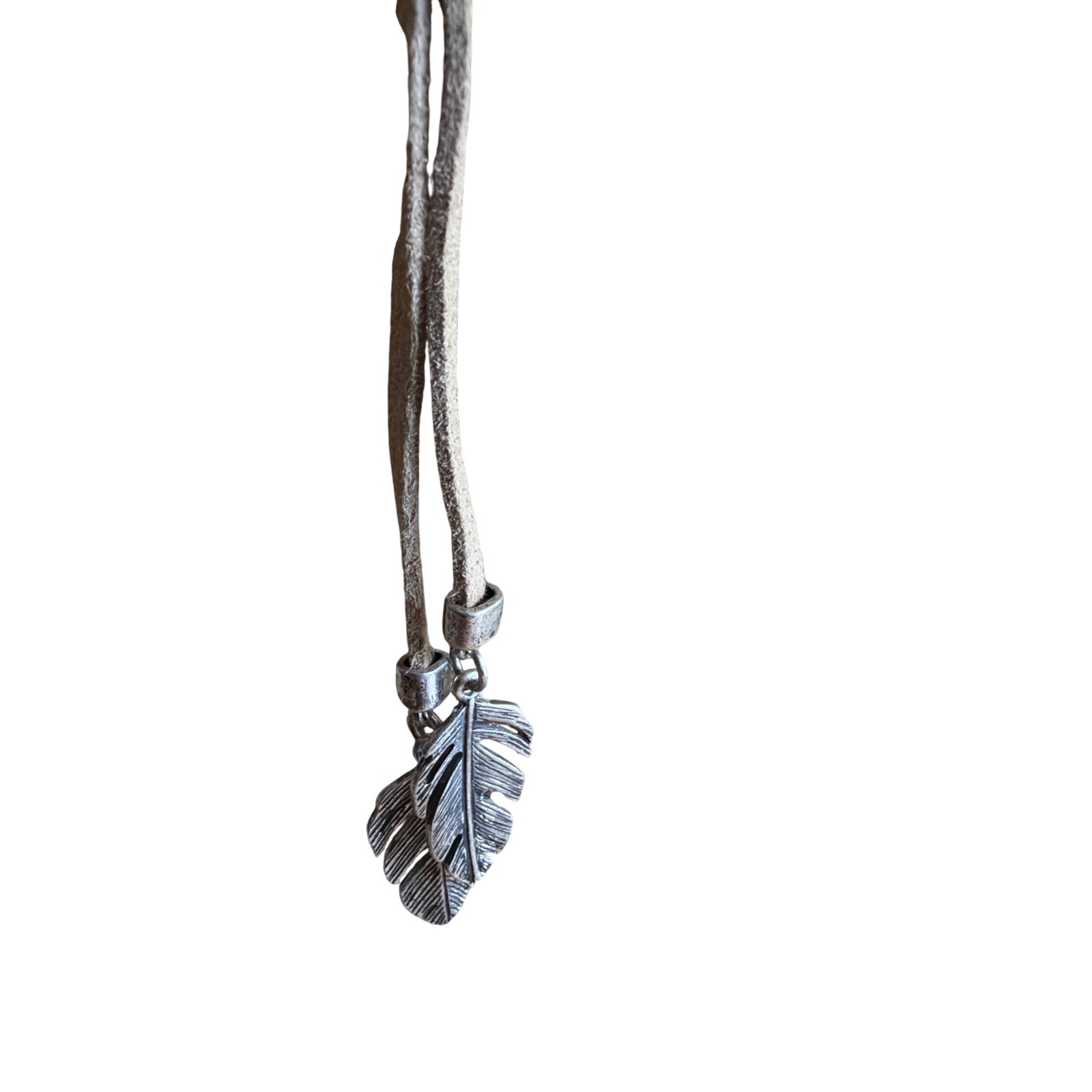 Boho Tan Suede Multi Strand Choker Necklace Silver Mandala Feather Charms